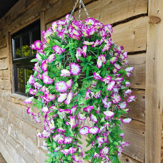Best Artificial 75cm Morning Glory Flower Display in 10" Round Wicker Rattan Basket - Suitable for Indoor and Garden (Lilac & White)