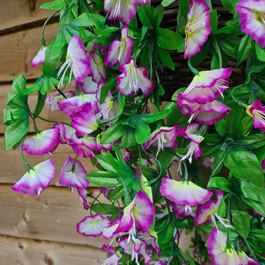 Best Artificial 75cm Morning Glory Flower Display in 10" Round Wicker Rattan Basket - Suitable for Indoor and Garden (Lilac & White)