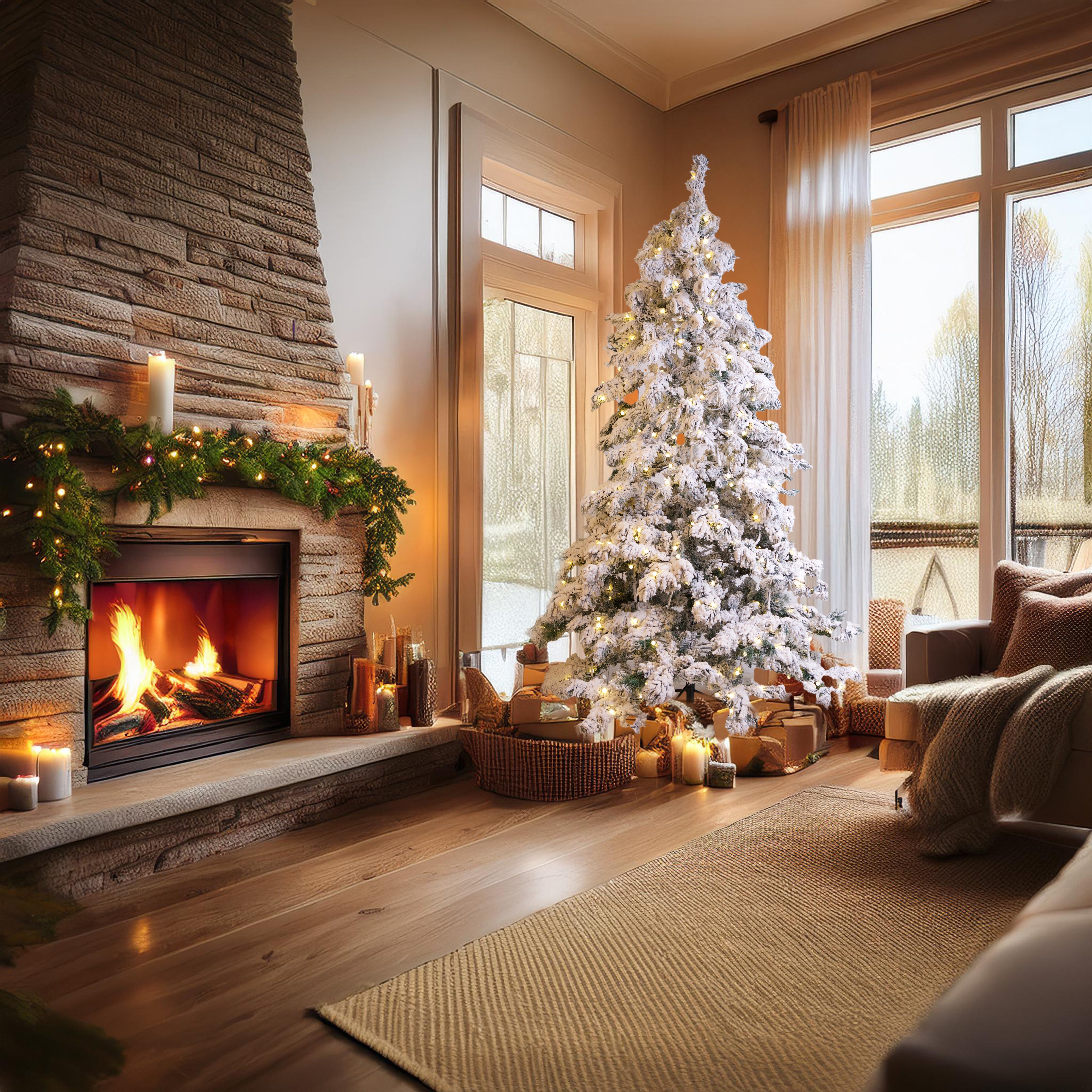 Best Artificial Pre Lit Pearl LED Heavy Snow Flocked Arbol Christmas Tree With Extra Large Downward Sweeping Hinged Branches