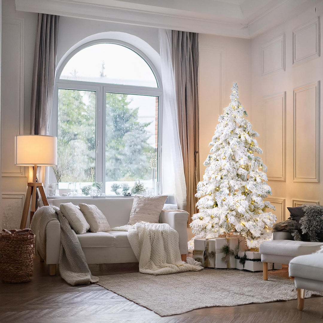 Best Artificial Pre Lit Pearl LED Heavy Snow Flocked Arbol Christmas Tree With Extra Large Downward Sweeping Hinged Branches