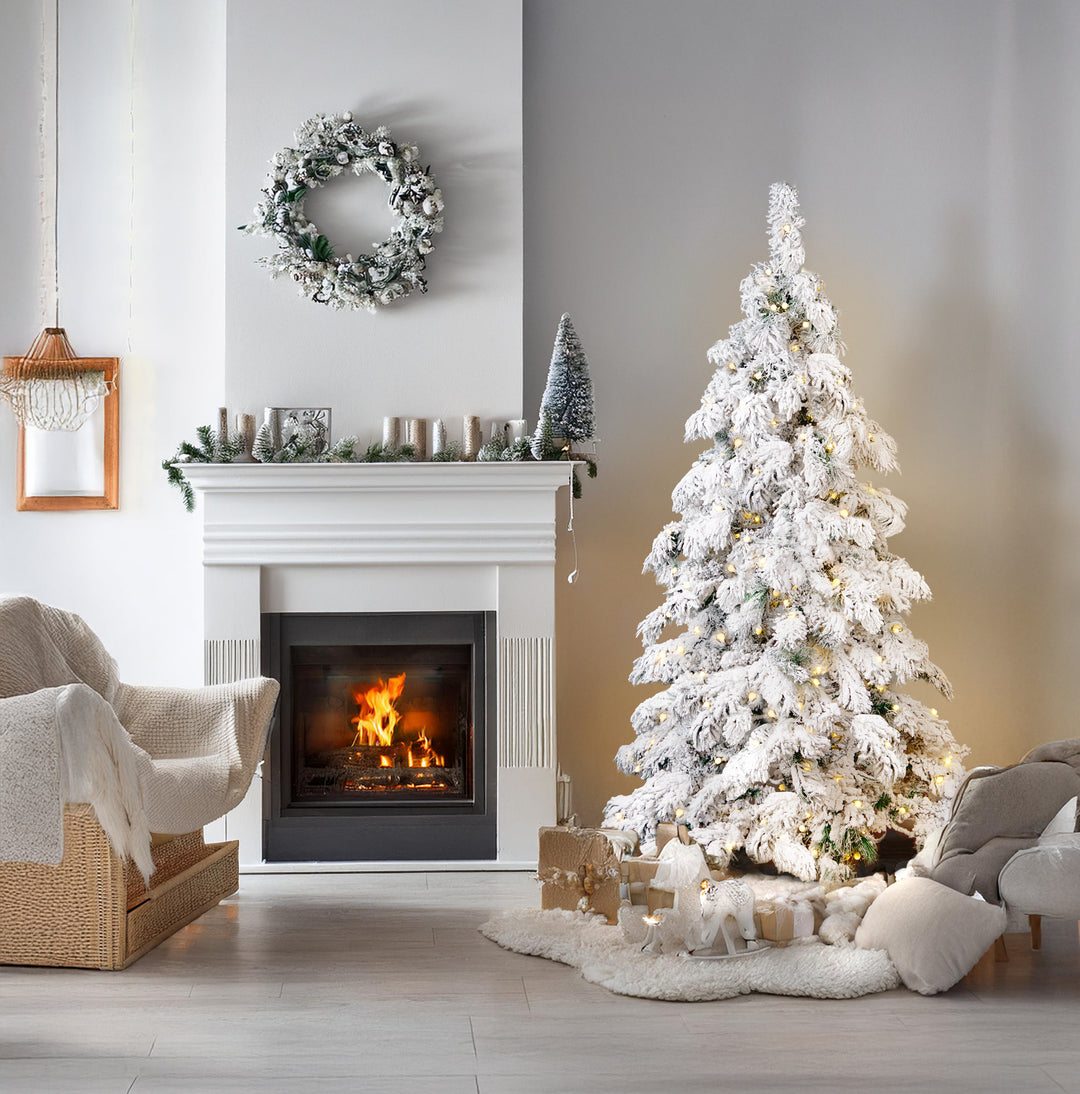 Best Artificial Pre Lit Pearl LED Heavy Snow Flocked Arbol Christmas Tree With Extra Large Downward Sweeping Hinged Branches