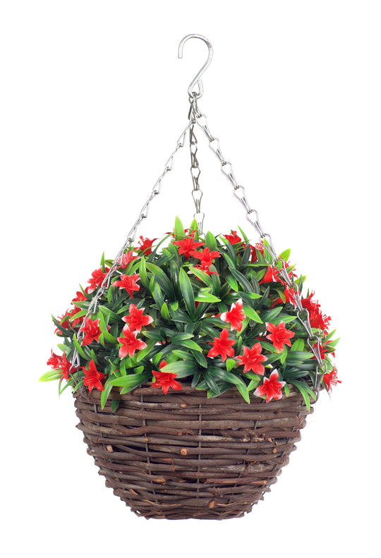 Best Artificial 28cm Lily Hanging Basket - Suitable for Outdoor Use - Weather Resistant (Red)
