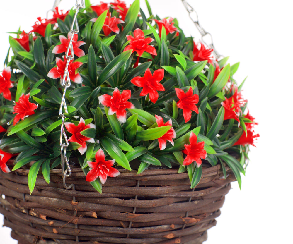 Best Artificial 28cm Lily Hanging Basket - Suitable for Outdoor Use - Weather Resistant (Red)