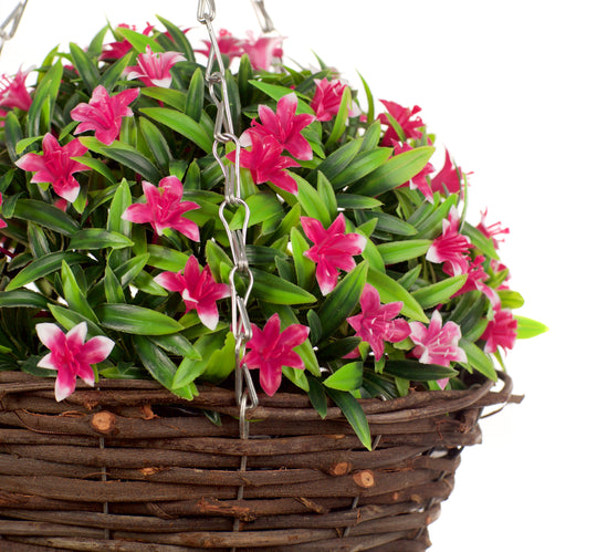 Best Artificial 28cm Lily Hanging Basket - Suitable for Outdoor Use - Weather Resistant (Pink)