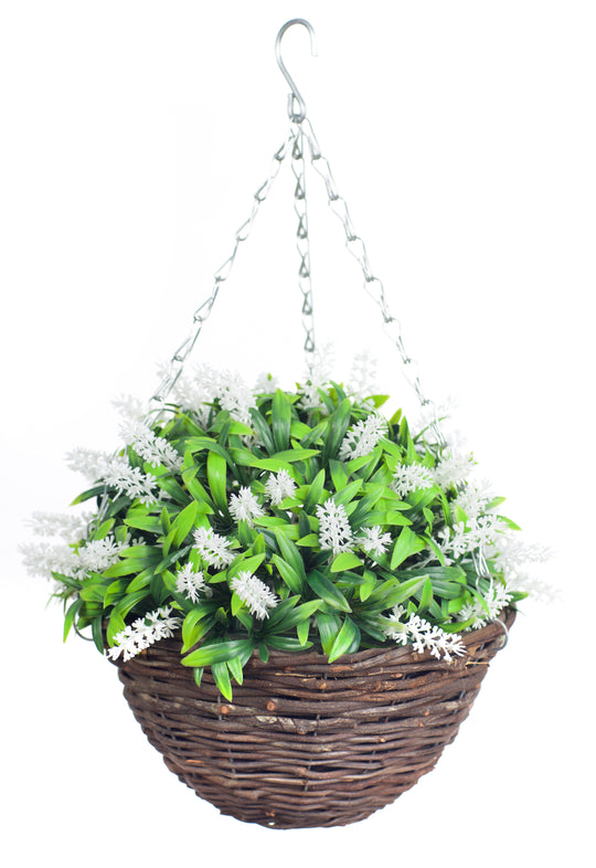 Best Artificial 10 inch Lavender Hanging Basket - Suitable for Outdoor Use - Weather Resistant (White)