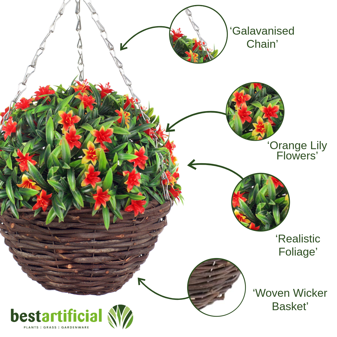 Pair Of Best Artificial 23cm Lily Hanging Baskets - Suitable for Outdoor Use - Weather Resistant (Orange)