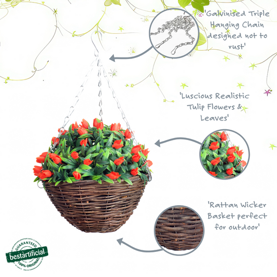 Best Artificial 28cm Tulip Flower Display in 10" Wicker Rattan Basket - Suitable for Outdoor, Indoor and Garden (Orange)