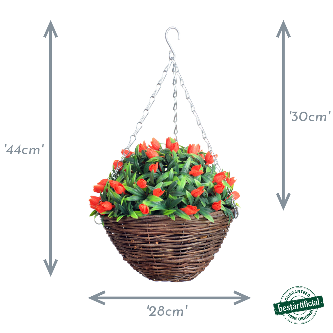 Best Artificial 28cm Tulip Flower Display in 10" Wicker Rattan Basket - Suitable for Outdoor, Indoor and Garden (Orange)