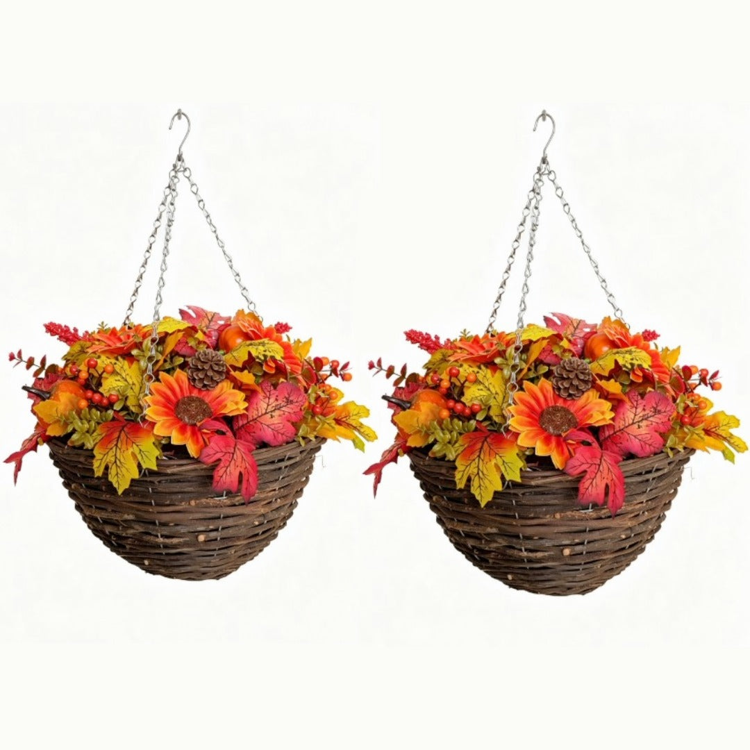 Pair Of Best Artificial 14 Inch / 35cm Autumn Flower Hanging Basket with Pumpkins and Acorns