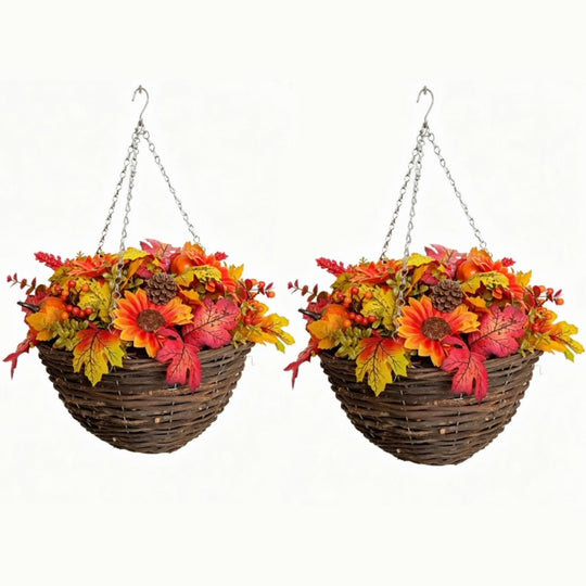 Pair Of Best Artificial 14 Inch / 35cm Autumn Flower Hanging Basket with Pumpkins and Acorns