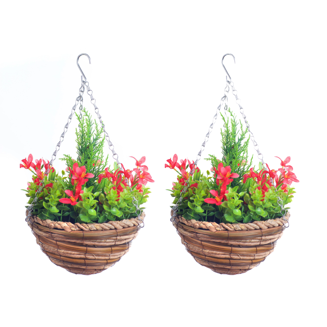 Pair Of Best Artificial Mini Daffodil Flower Displays in 10 Inch Woven Decorative Hanging Baskets