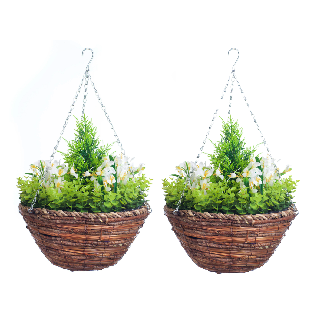 Pair Of Best Artificial Mini Daffodil Flower Displays in 10 Inch Woven Decorative Hanging Baskets