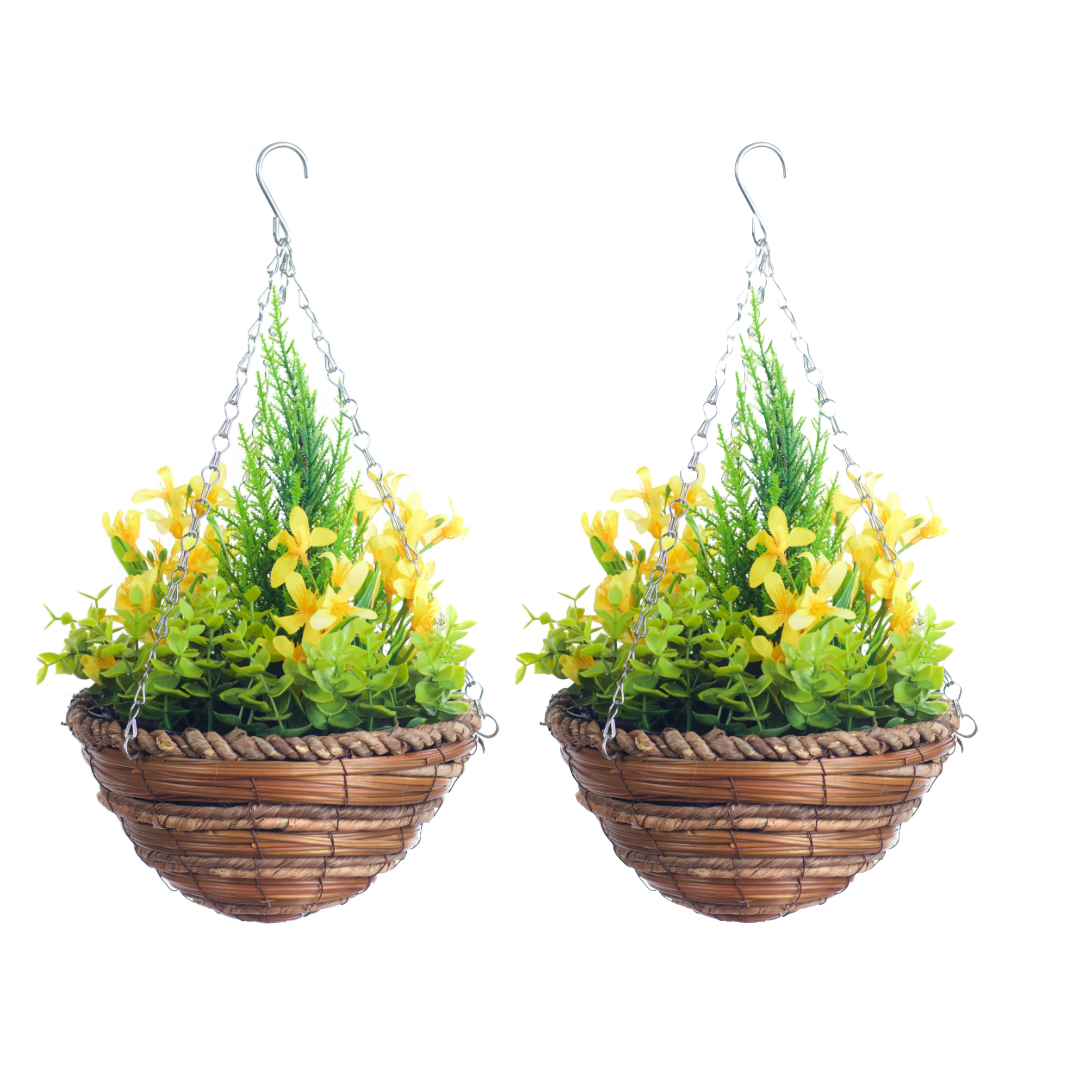 Pair Of Best Artificial Mini Daffodil Flower Displays in 10 Inch Woven Decorative Hanging Baskets