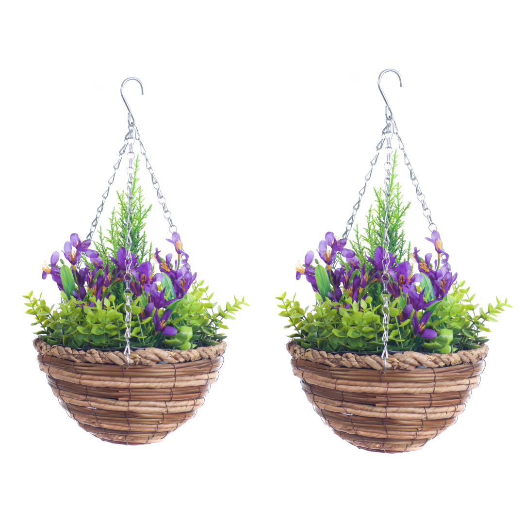 Pair Of Best Artificial Mini Daffodil Flower Displays in 10 Inch Woven Decorative Hanging Baskets