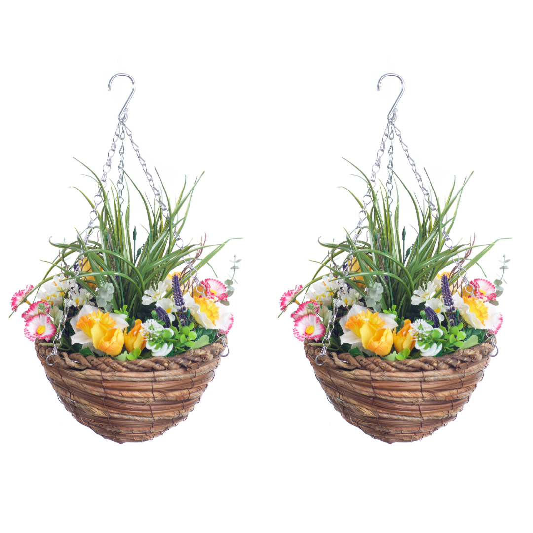 Pair Of Best Artificial Mixed Meadow Flower Displays in 10 Inch Woven Decorative Baskets