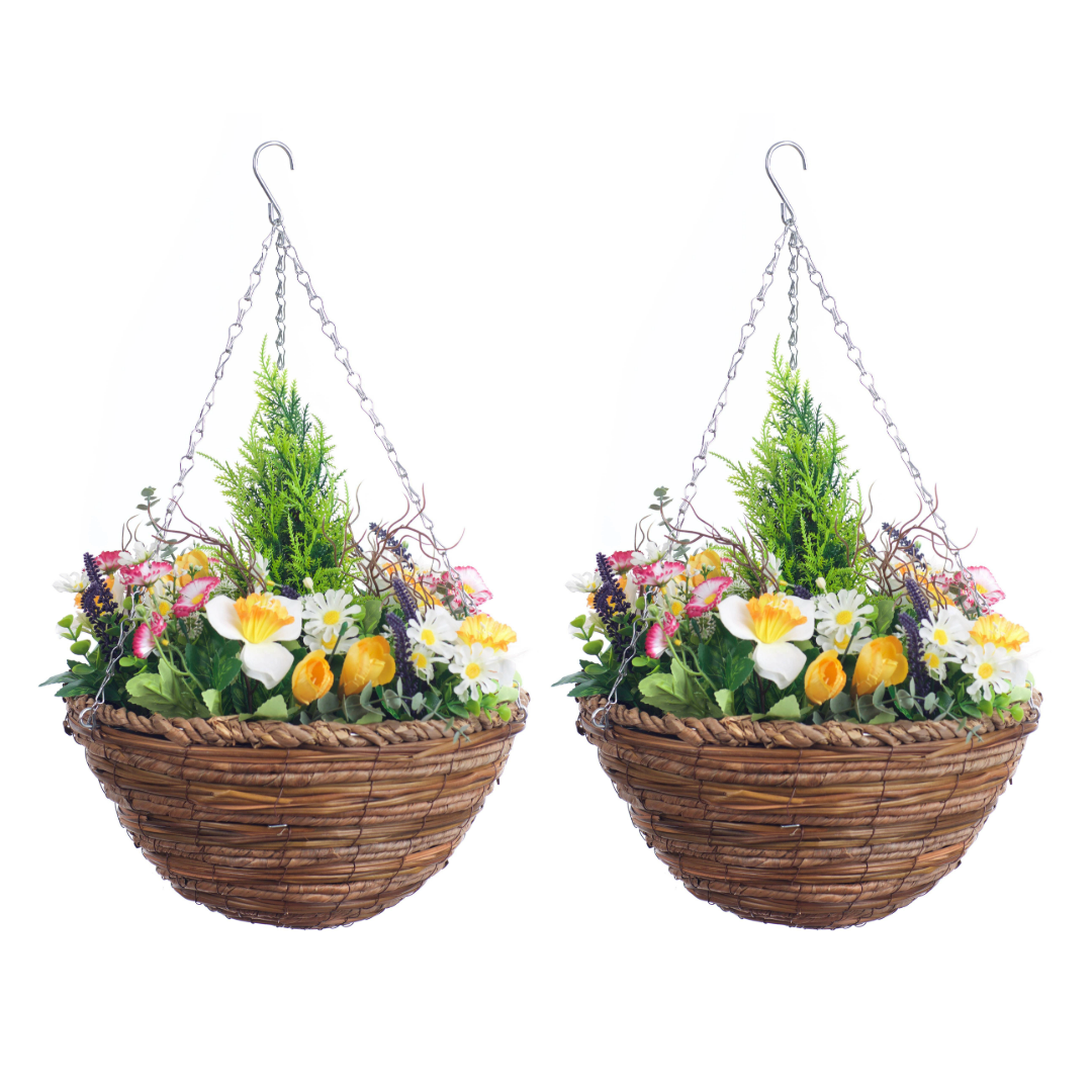 Pair Of Best Artificial Mixed Meadow Flower Displays in 10 Inch Woven Decorative Baskets