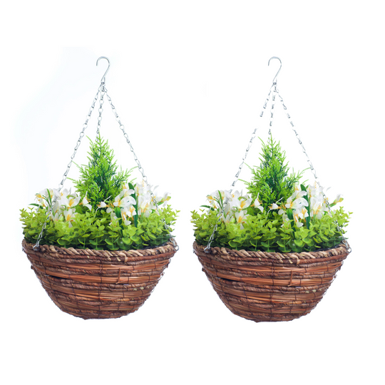 Pairs Of Best Artificial Hyacinth Diplays in 10 inch Woven Round Hanging Baskets