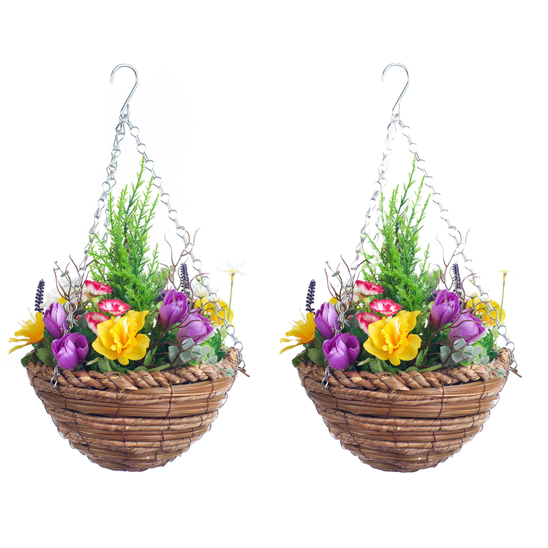 Pair Of Best Artificial Mixed Meadow Flower Displays in 10 Inch Woven Decorative Baskets