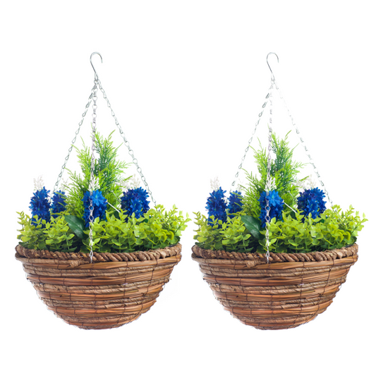 Pairs Of Best Artificial Hyacinth Diplays in 10 inch Woven Round Hanging Baskets