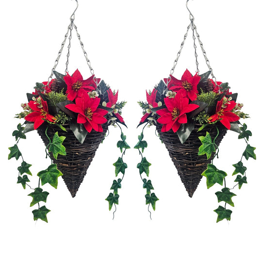 Pair Of Best Artificial 10 inch Poinsettia Cone Hanging Christmas Baskets With Trailing Ivy
