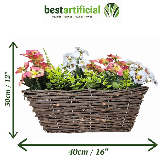 Best Artificial Pre-Made 40cm Pansy Flower Arrangement in Rattan Wicker Trough Pot - Suitable For Outside Use