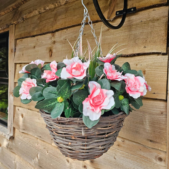 Best Artificial 28cm Azalea Flower Display in 10" Wicker Rattan Basket - Suitable for Outdoor, Indoor and Garden (Pink)