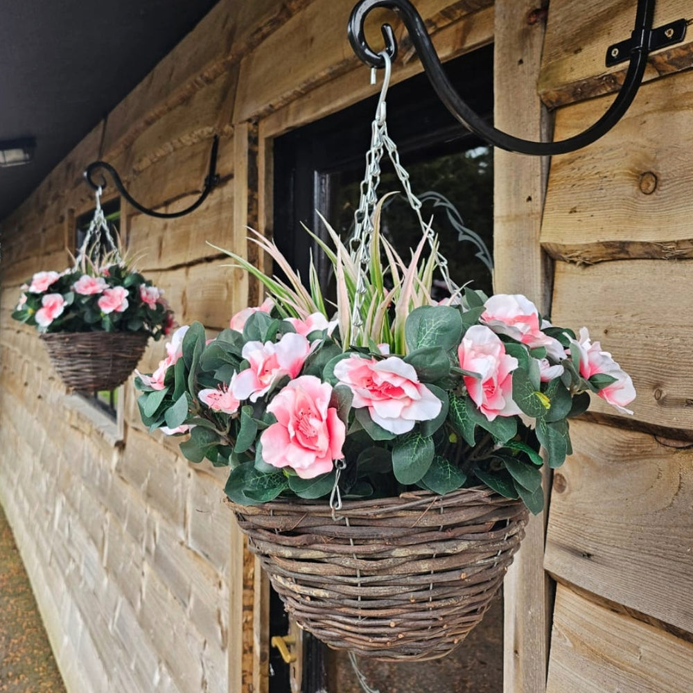 Best Artificial 28cm Azalea Flower Display in 10" Wicker Rattan Basket - Suitable for Outdoor, Indoor and Garden (Pink)