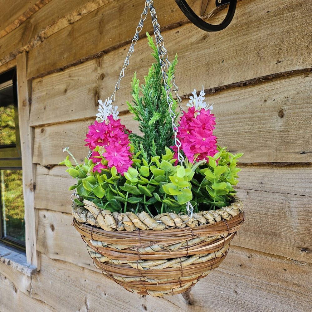 Pair Of Best Artificial Pink Hyacinth Displays in 10 Inch Woven Round Hanging Baskets - Suitable for Outdoor Use