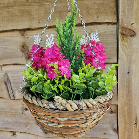 Pair Of Best Artificial Pink Hyacinth Displays in 10 Inch Woven Round Hanging Baskets - Suitable for Outdoor Use