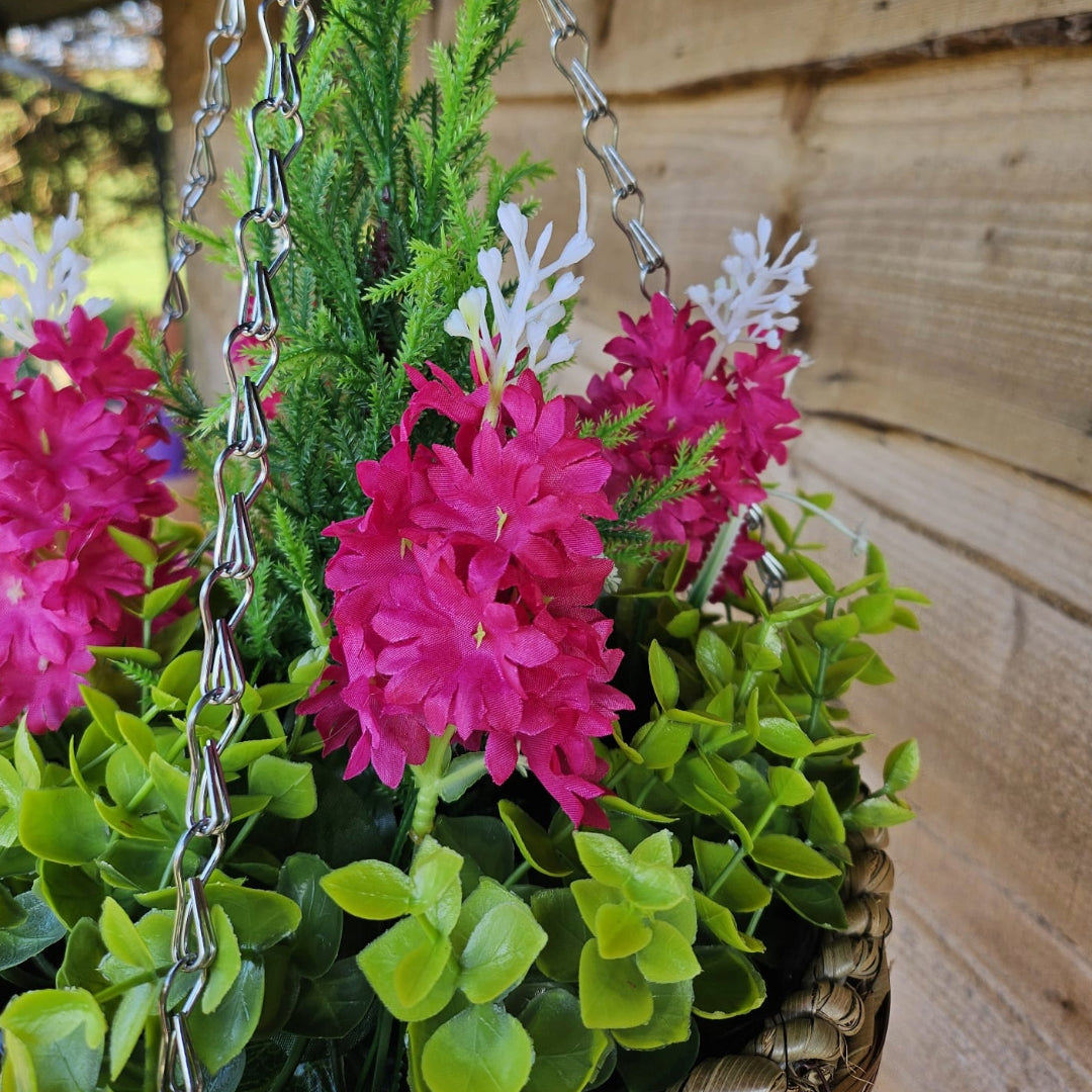 Pair Of Best Artificial Pink Hyacinth Displays in 10 Inch Woven Round Hanging Baskets - Suitable for Outdoor Use