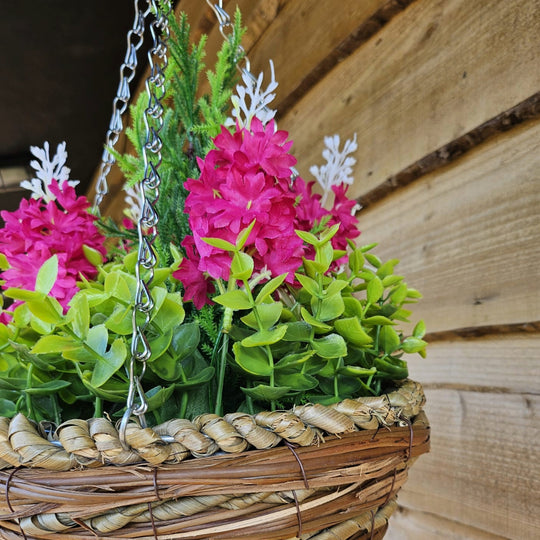 Pair Of Best Artificial Pink Hyacinth Displays in 10 Inch Woven Round Hanging Baskets - Suitable for Outdoor Use