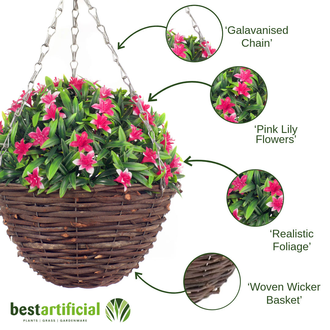 Pair Of Best Artificial 23cm Lily Hanging Baskets - Suitable for Outdoor Use - Weather Resistant (Pink)