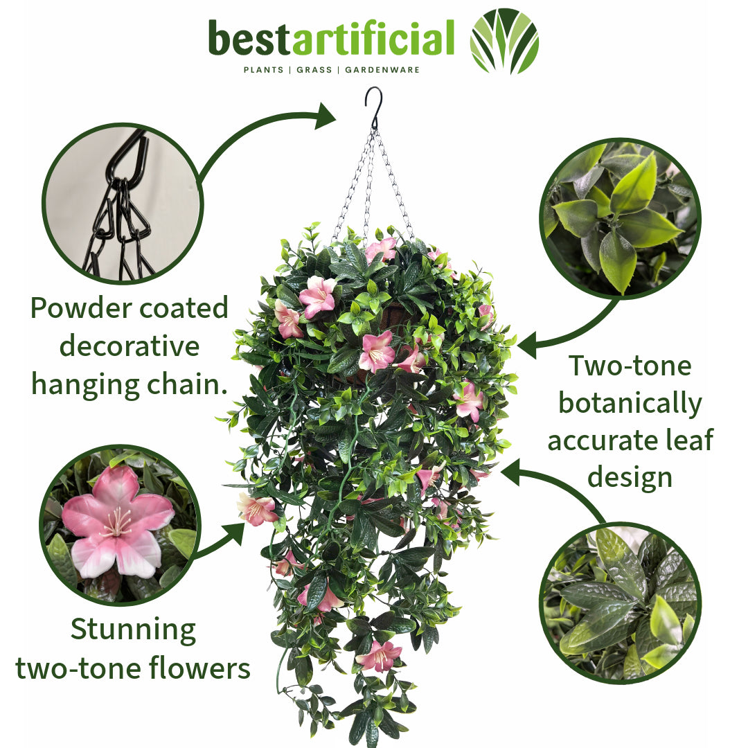 Best Artificial 90cm / 35 inch UV Stable Pink & White Trailing Azalea Hanging Basket with Cascading Flowers for Garden
