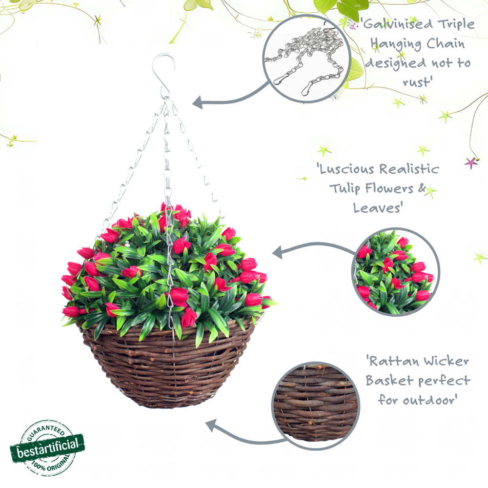 Best Artificial 28cm Tulip Flower Display in 10" Wicker Rattan Basket - Suitable for Outdoor, Indoor and Garden (Pink)