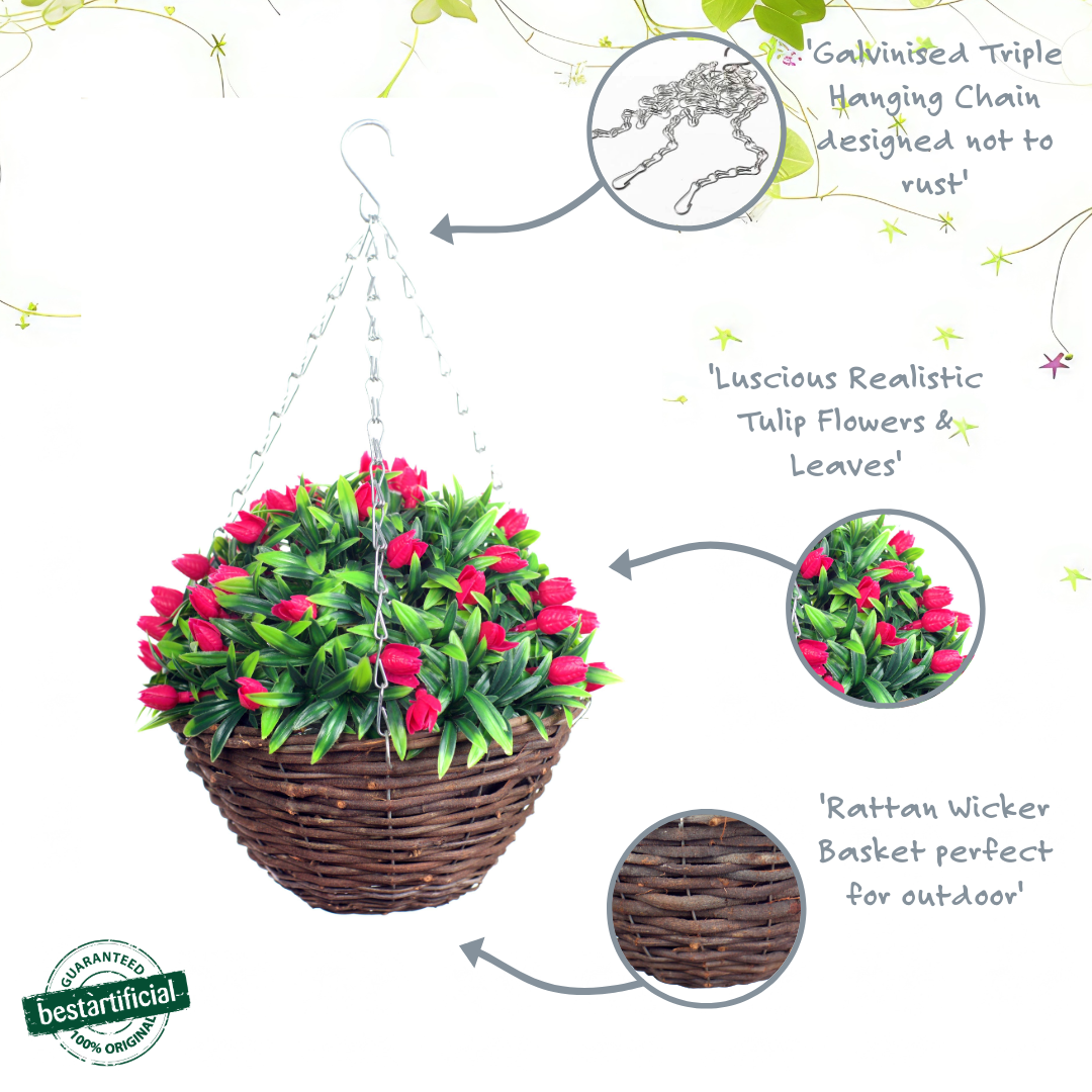 Best Artificial 28cm Tulip Flower Display in 10" Wicker Rattan Basket - Suitable for Outdoor, Indoor and Garden (Pink)