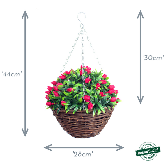 Best Artificial 28cm Tulip Flower Display in 10" Wicker Rattan Basket - Suitable for Outdoor, Indoor and Garden (Pink)