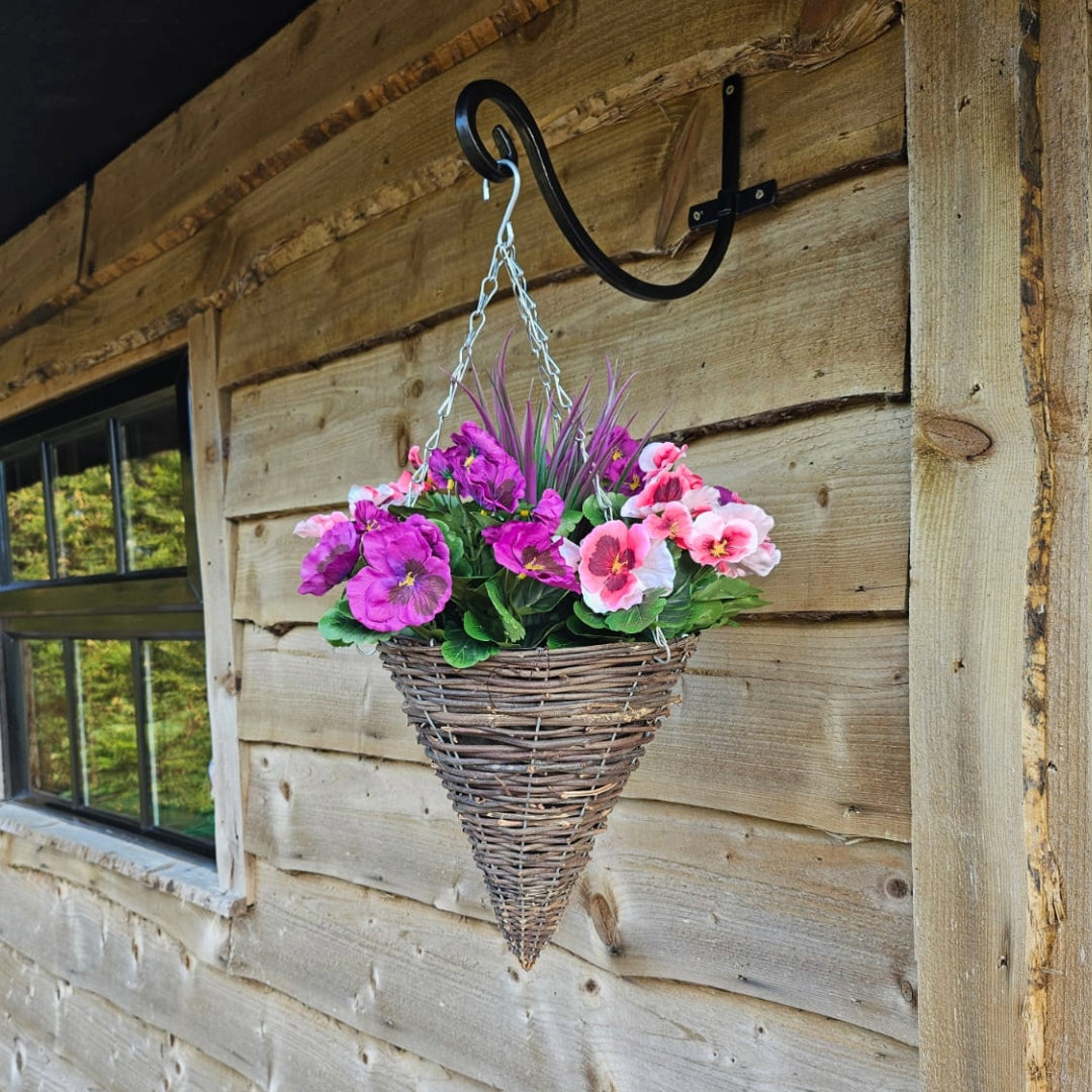 Pair of Best Artificial 30cm Pansy Flower Displays in 10" Wicker Rattan Cone Baskets - Suitable for Outdoor, Indoor and Garden (Pink & Purple)
