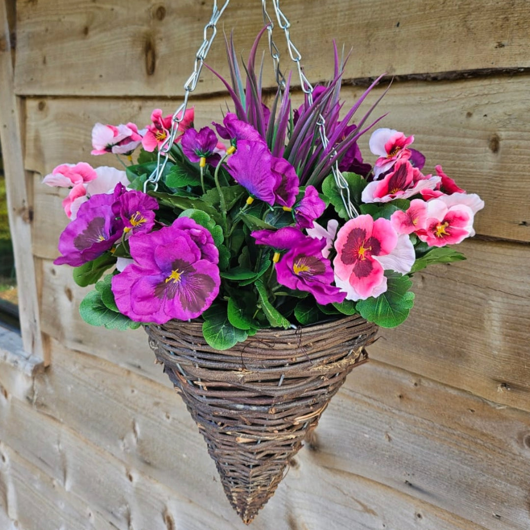 Pair of Best Artificial 30cm Pansy Flower Displays in 10" Wicker Rattan Cone Baskets - Suitable for Outdoor, Indoor and Garden (Pink & Purple)