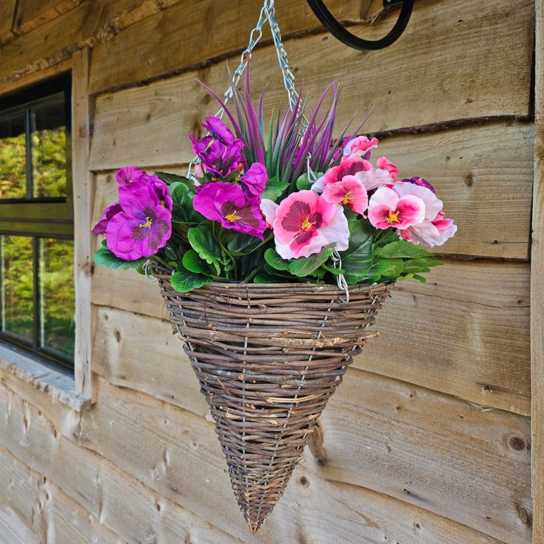 Pair of Best Artificial 30cm Pansy Flower Displays in 10" Wicker Rattan Cone Baskets - Suitable for Outdoor, Indoor and Garden (Pink & Purple)