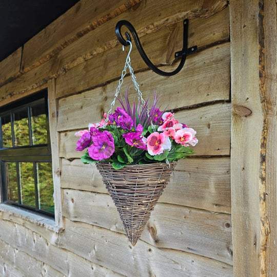 Pair of Best Artificial 30cm Pansy and Geranium Flower Displays in 10" Wicker Rattan Cone Baskets - Suitable for Outdoor, Indoor and Garden
