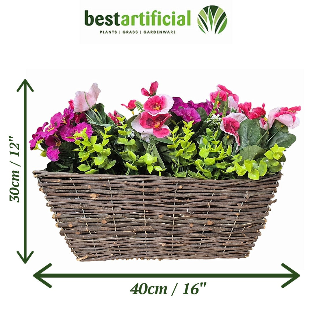 Best Artificial Pre-Made 40cm Pansy Flower Arrangement in Rattan Wicker Trough Pot - Suitable For Outside Use