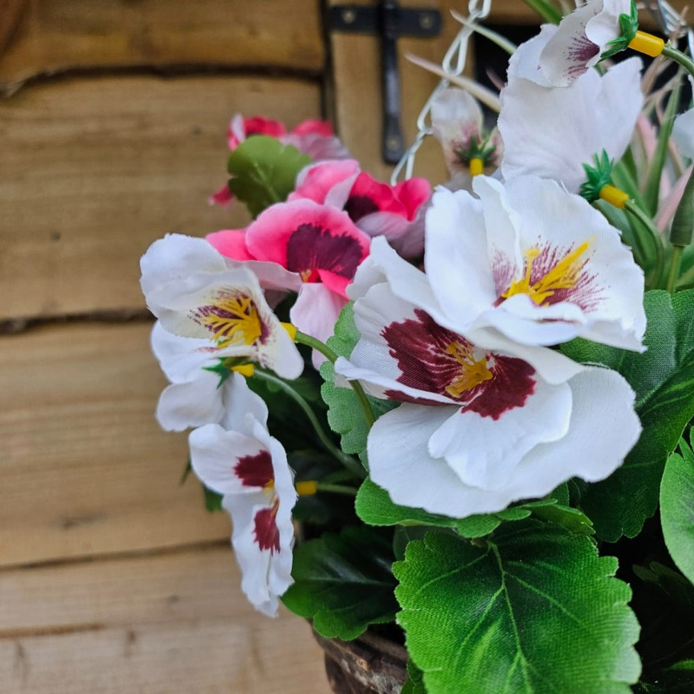 Best Artificial 30cm Pansy and Geranium Hanging Basket - Suitable for Outdoor Use - Weather Resistant (Pink & White)