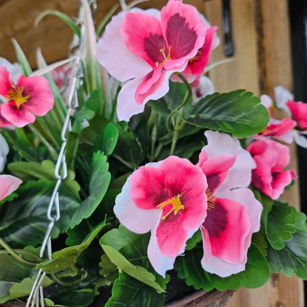 Pair Of Best Artificial Pansy Hanging Baskets - Suitable for Outdoor Use - Weather Resistant (Pink & White)