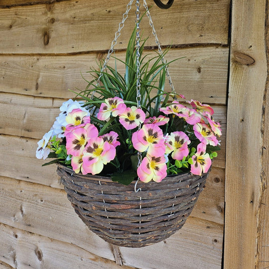 Best Artificial Pink & White Pansy and Geranium Display in 14 inch Round Wicker Hanging Basket - Suitable For Outdoors