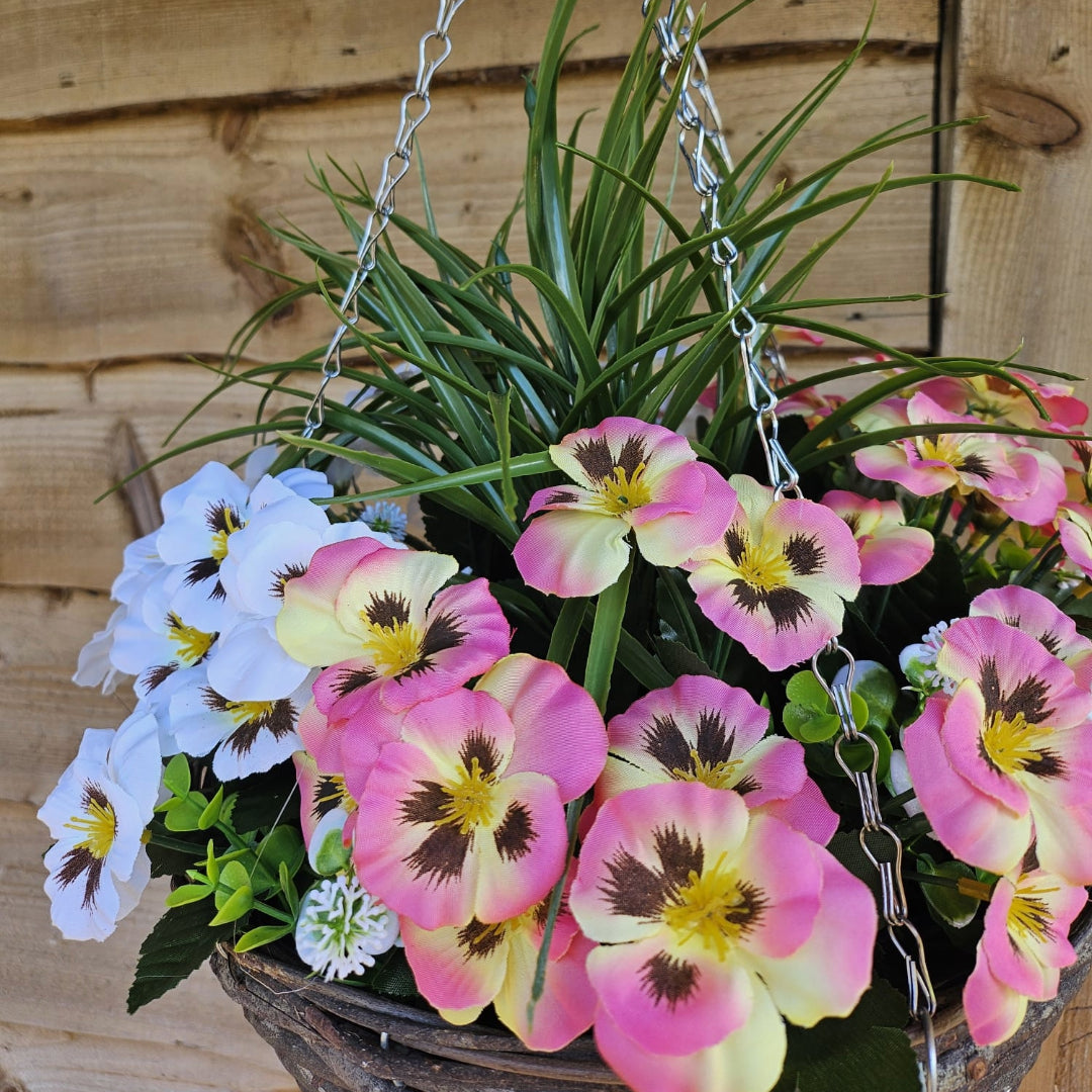 Best Artificial Pink & White Pansy Display in 14 inch Round Wicker Hanging Basket - Suitable For Outdoors