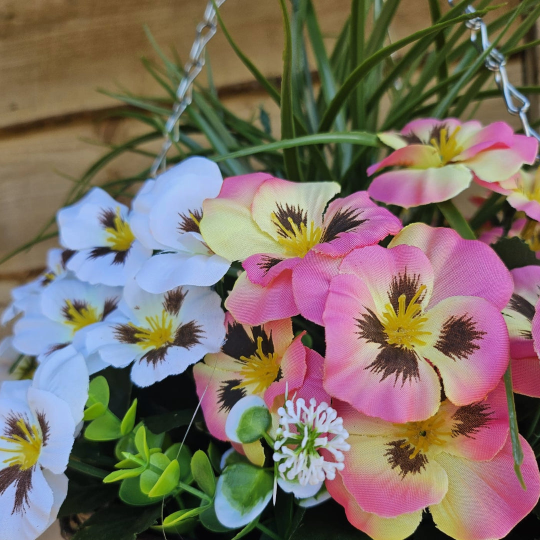 Best Artificial Pink & White Pansy Display in 14 inch Round Wicker Hanging Basket - Suitable For Outdoors