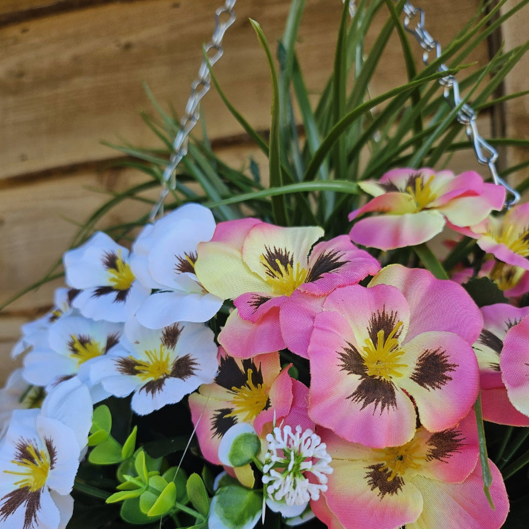 Best Artificial Pink & White Pansy Display in 14 inch Round Wicker Hanging Basket - Suitable For Outdoors