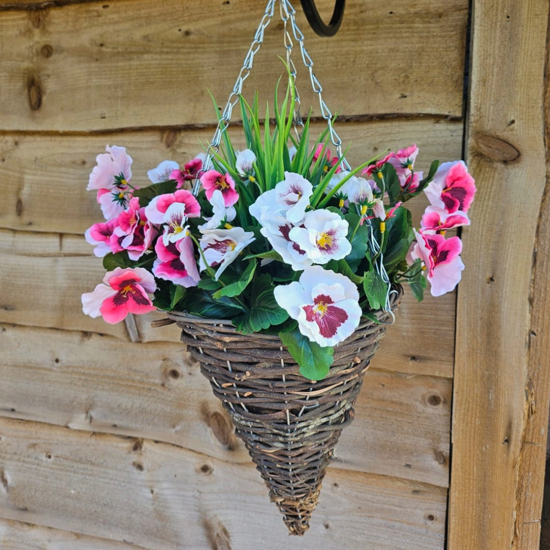 Pair of Best Artificial 30cm Pansy Flower Displays in 10" Wicker Rattan Cone Baskets - Suitable for Outdoor, Indoor and Garden (Pink & White)