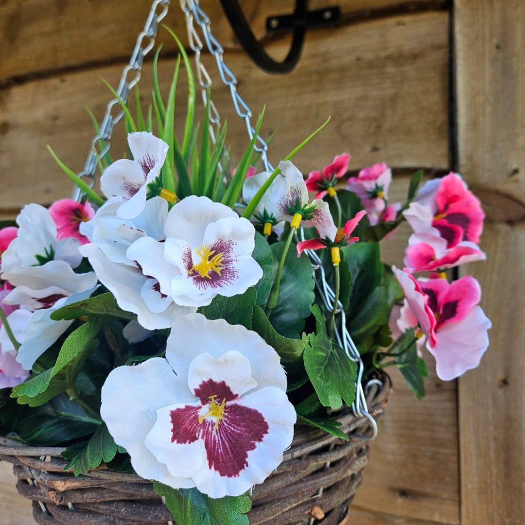 Pair of Best Artificial 30cm Pansy Flower Displays in 10" Wicker Rattan Cone Baskets - Suitable for Outdoor, Indoor and Garden (Pink & White)