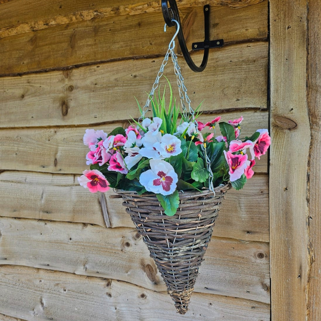 Pair of Best Artificial 30cm Pansy Flower Displays in 10" Wicker Rattan Cone Baskets - Suitable for Outdoor, Indoor and Garden (Pink & White)